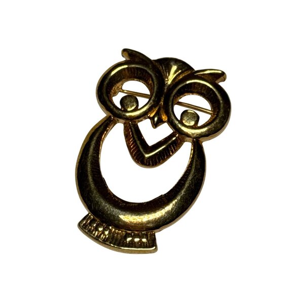 Vintage Gold Tone Owl Brooch Modernist Abstract Mid Century Pin Jewelry - Picture 7 of 9